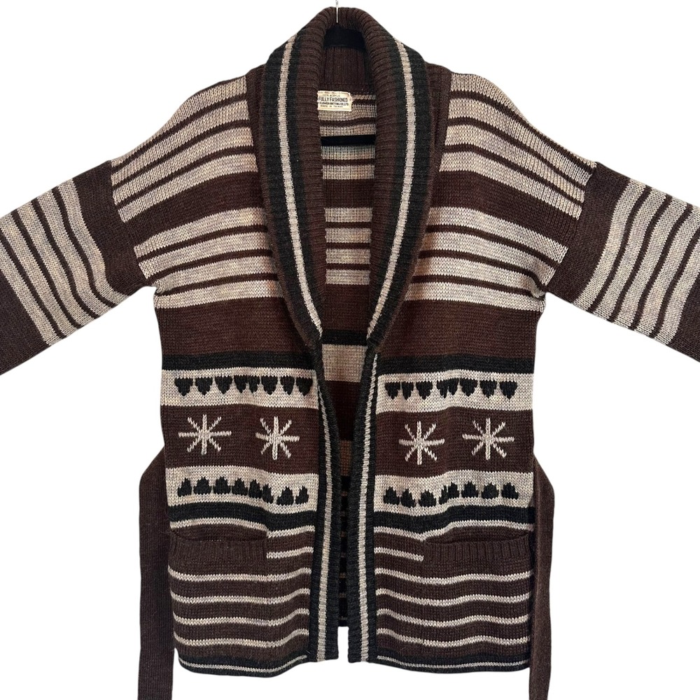 Fair Isle Cardigan Sweater Belted Chunky Knit Vintage Grandpa Unisex M - Picture 4 of 10